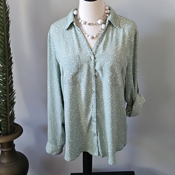 Maurices Tops - Maurices Sage Green and White Polka Dot Button Down Blouse